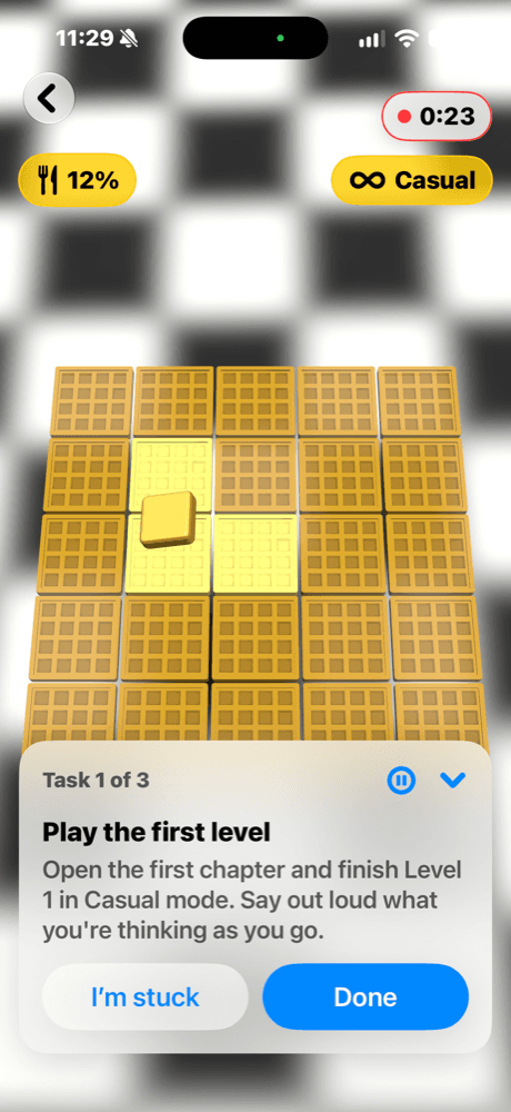 A Waffling level in play, with the ux-rai task card and a recording timer over the game