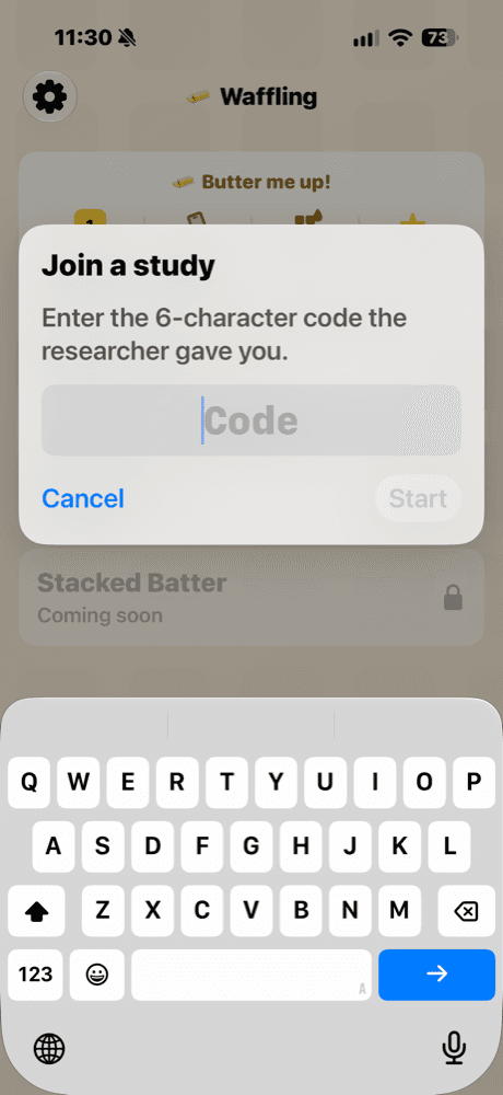 Waffling's research build asking the tester for the 6-character study code