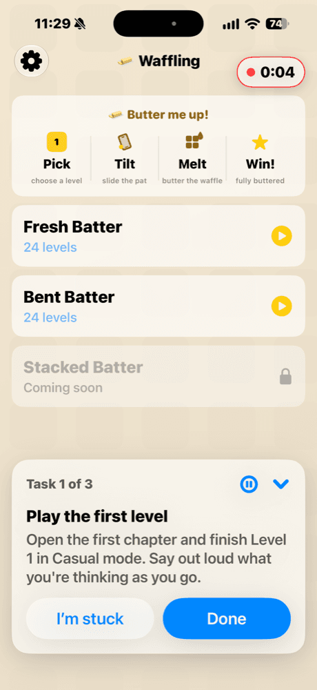 Waffling's home screen with the ux-rai task card for task 1 of 3, “Play the first level”, and a recording timer