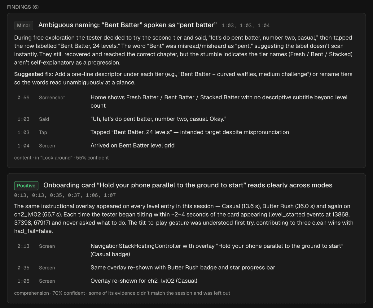 Two AI Findings from a Waffling session: a minor naming issue and a positive onboarding observation, each with timestamped evidence
