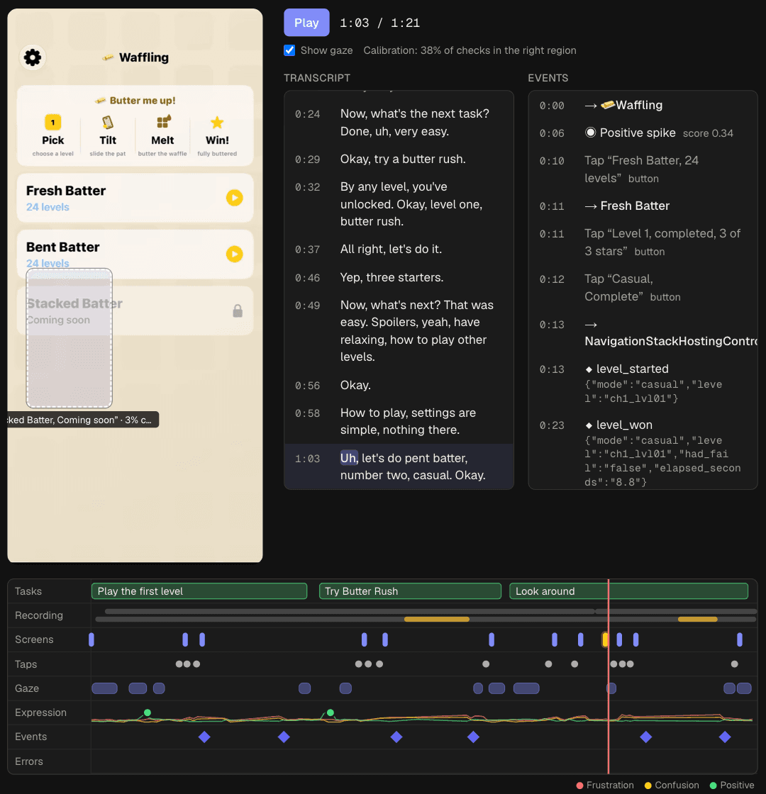 ux-rai session playback: the tester's iPhone screen recording with a gaze marker, beside a live transcript and event list, above a Timeline with lanes for tasks, recording, screens, taps, gaze, expression, events and errors