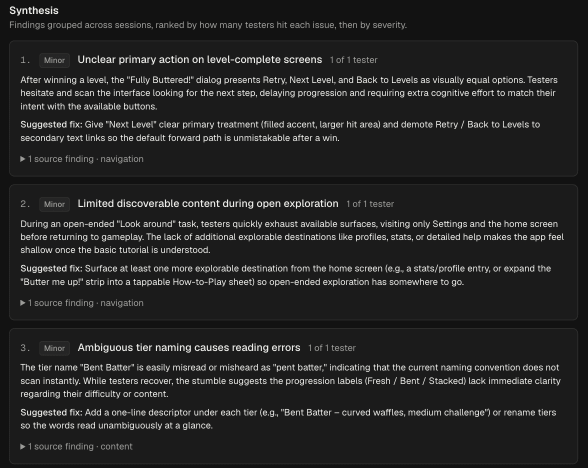 A Study Synthesis listing ranked issues, each with a severity, a description and a suggested fix